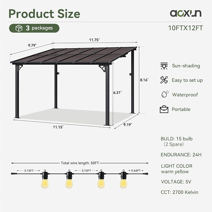 Aoxun 10' x 12' Gazebo for Patio, Gazebo Pergola - Image 7