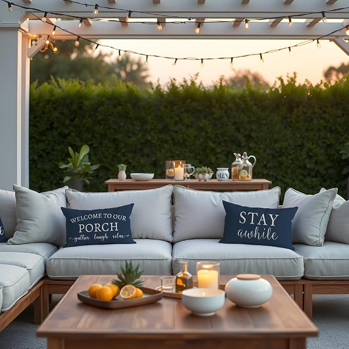 PANDICORN Welcome to Our Porch Stay Awhile Blue Outdoor Farmhouse Lumbar - Image 6