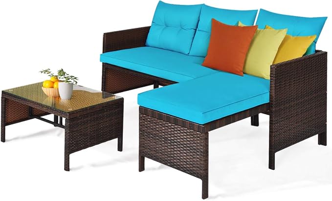 Tangkula Patio Corner Sofa Set 3 Piece, Outdoor Rattan Sofa Set, Includes - Image 9