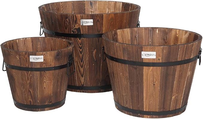 VINGLI 3 PCS Large Wooden Planter Barrel Set, 11.5"- 18" Real Wood by VINGLI