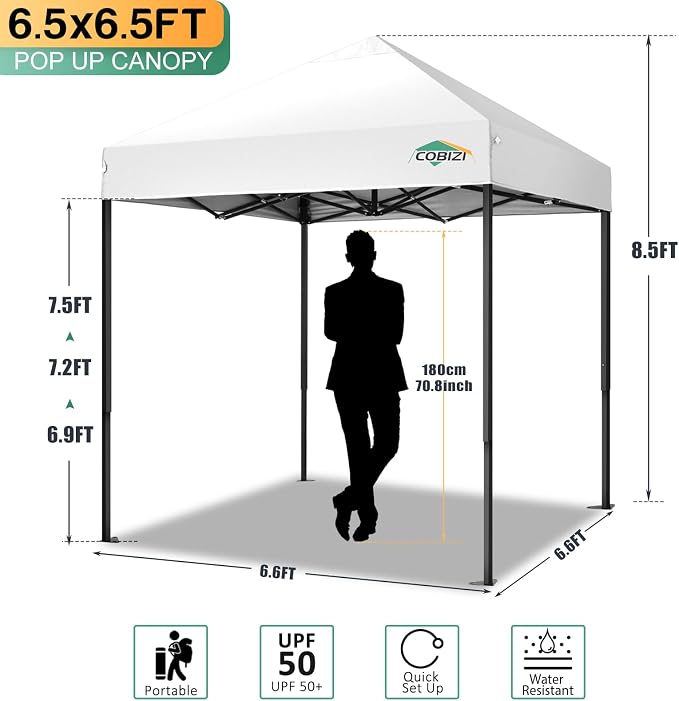 COBIZI 6.6x6.6ft Pop Up Canopy Tent, Heavy Duty Canopy Easy Set up All Weather - Image 2