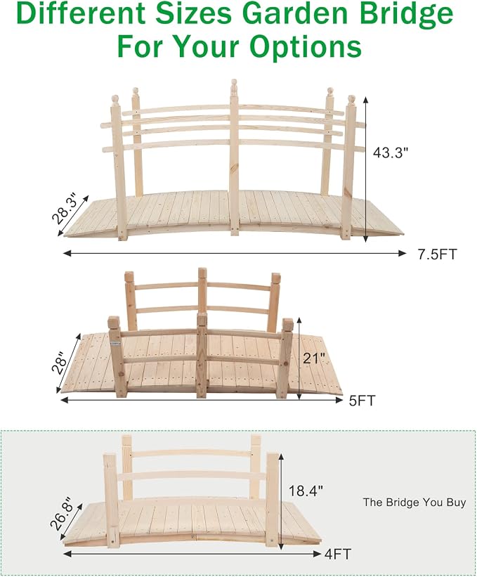 VINGLI 4 ft Garden Bridge, Arch Walkway Wooden Bridge - Image 9