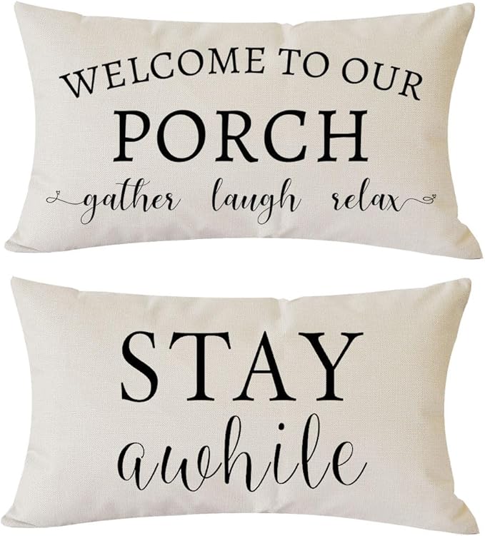 PANDICORN Welcome to Our Porch Stay Awhile Farmhouse Throw Pillow Covers 12x20 by PANDICORN