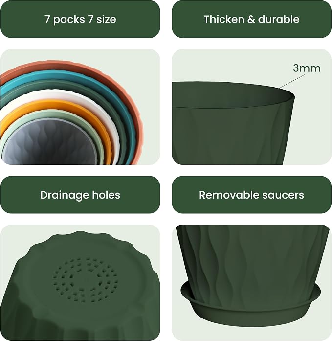 7/6.5/6/5.5/5/4.5/4 inch Plastic Plant Pots, 7 Pack Flower Planter - Image 4