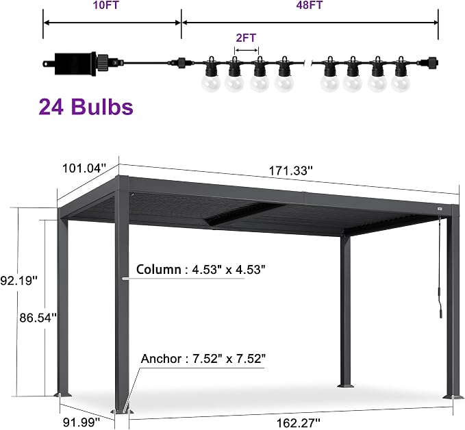 PURPLE LEAF Louvered Pergola w/Light 8' x 14' Aluminum Outdoor Pergola - Image 9
