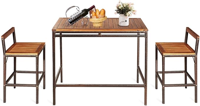 Tangkula 3 Pieces Patio Bar Table Set, Outdoor Rattan Bistro Set - Image 8