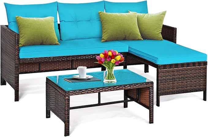 Tangkula Patio Corner Sofa Set 3 Piece, Outdoor Rattan Sofa Set, Includes by TANGKULA
