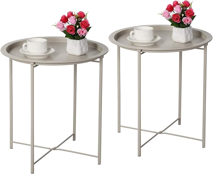 VECELO Side/End Table, Folding Round Metal Anti-Rust and Waterproof Outdoor or by VECELO