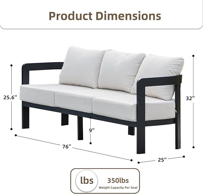 Outdoor Couch Aluminum Patio Furniture, 3-Seat All-Weather Metal Modern Patio - Image 2