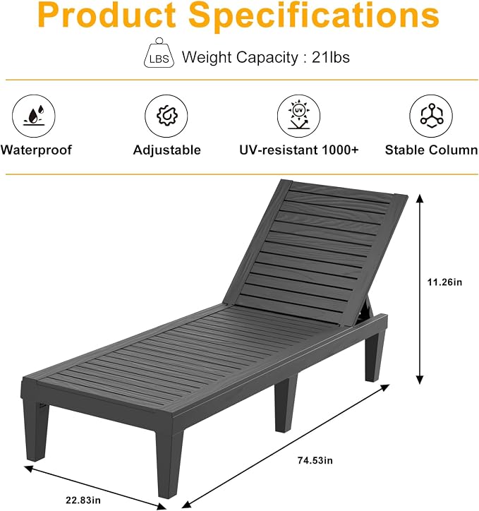 EasyUp Chaise Lounge Chair Outdoor, Resin Lounge Chair - Image 3