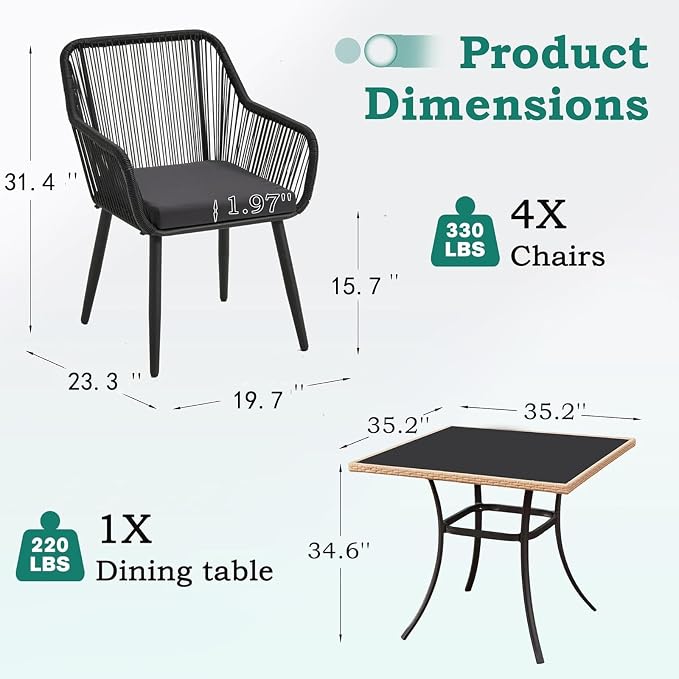ECOTOUGE 5 Piece Patio Dining Set, Wicker Outdoor Furniture Set w/Glass Table - Image 5