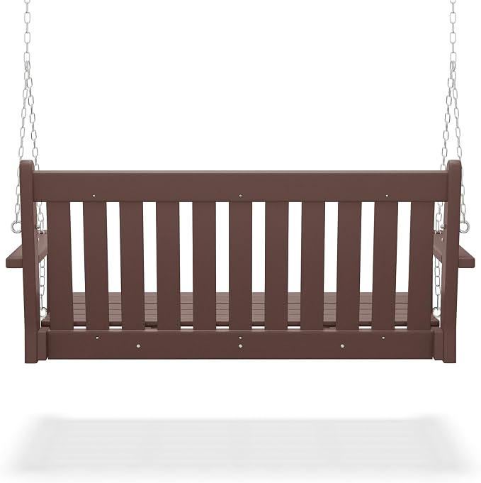 COSTAELM Paradise Outdoor Patio HDPE Hanging Front Porch Swing Bench, Dark Brown - Image 5