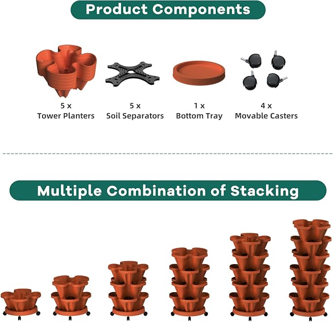 Strawberry Stackable Planter, Vertical Tower Garden, 5 Tiered Stacking Herb - Image 7