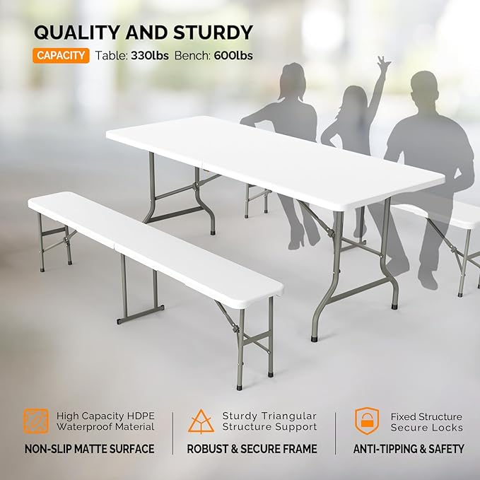 VINGLI Picnic Table Set with 2 Benches, 6 Feet Camping Table Chair Set - Image 3