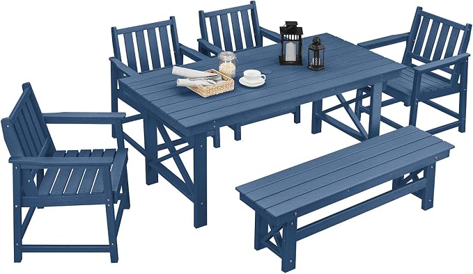 HDPE Outdoor Dining Set of 6, Patio Dining Table Set by SeeHill