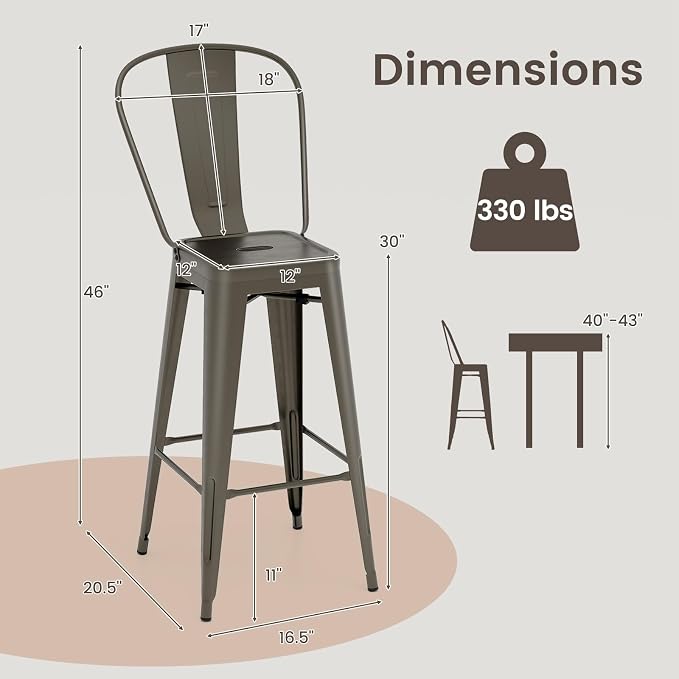 Giantex Metal Bar Stools Set of 4, Rubber Feet, Industrial Stackable Barstools - Image 3