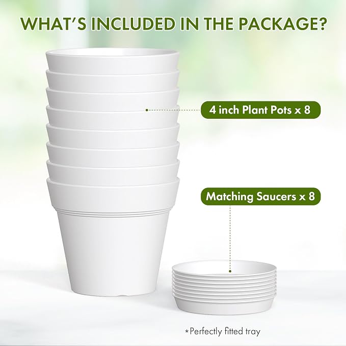 4 Inch Plastic Plant Pots with Drainage Holes and Trays – 8 Pack Small Nursery - Image 5