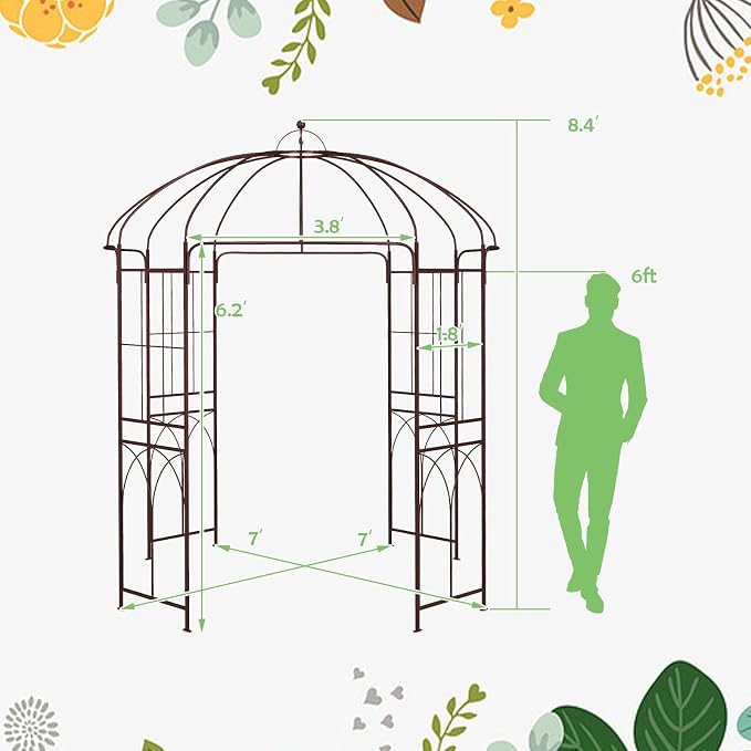 HAPPYGRILL Birdcage Shape Garden Arbor, 7 x 8.4 ft Heavy Duty Metal Garden - Image 9