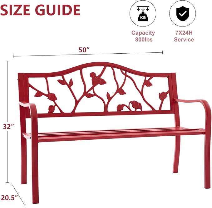 50” Strawberry Outdoor Garden Bench, Weatherproof Sturdy Cast Iron Metal Frame - Image 3