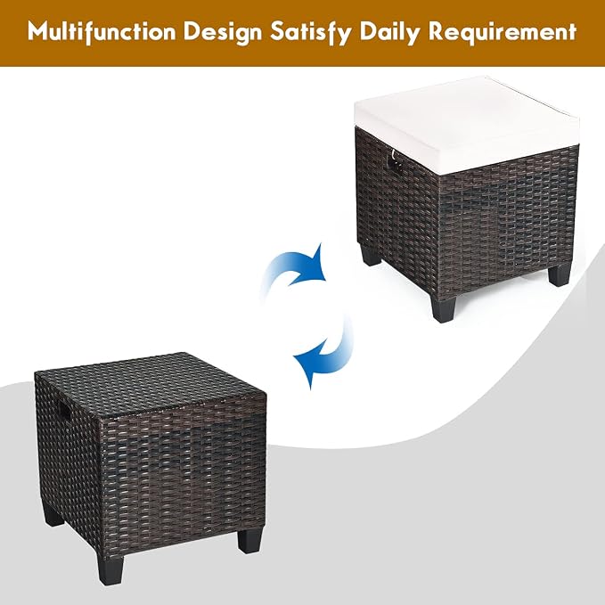 2PCS Patio Outdoor Ottomans, Rattan Wicker Ottoman Seat w/Removable Cushions - Image 4