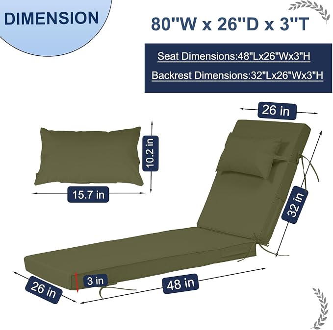 Outdoor Chaise Lounge Cushions Set of 2, Waterproof Fade Resistant Patio - Image 2