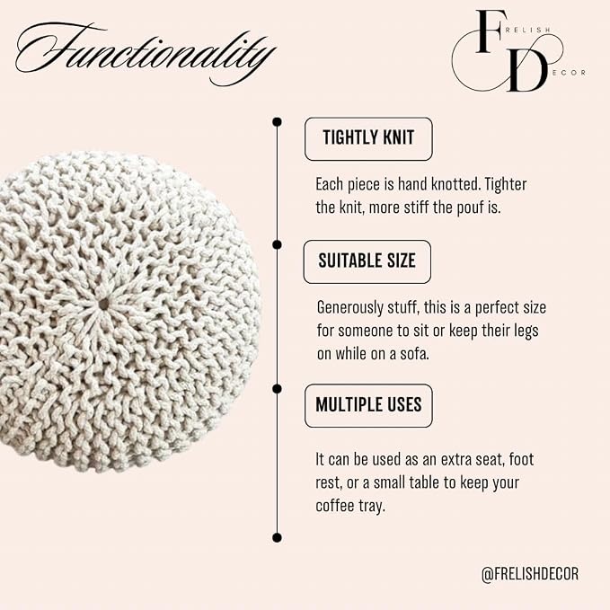 FRELISH DECOR Round Pouf Ottoman Hand Knitted 100% Cotton Pouf Foot Stool - Image 6