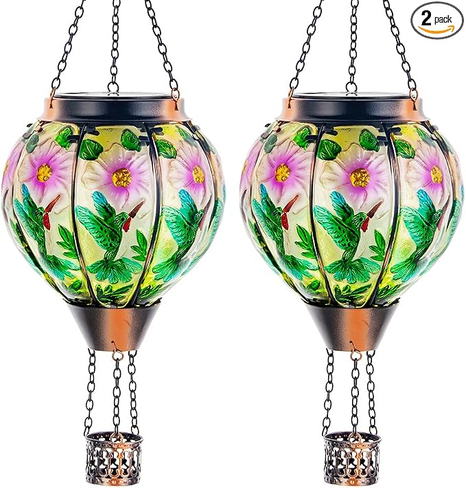 DREAMSOUL 2PCS Hummingbird Hot Air Balloon Solar Lantern, Hanging Glass Solar by DREAMSOUL