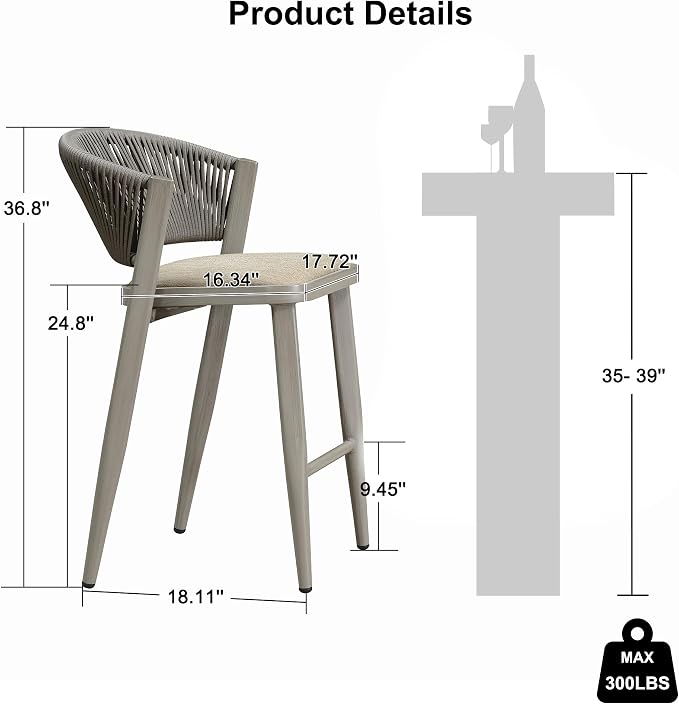 PURPLE LEAF Counter Height Bar Stool Set of 2 Outdoor Stool Chair - Image 3
