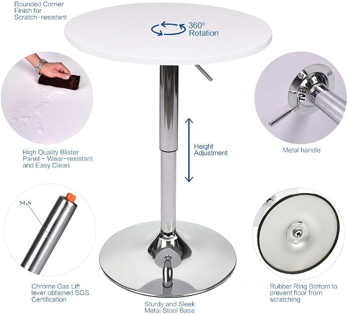 ARTETHYS Bar Table and Chairs Set of 3 White Heigh Adjustable Round Pub Desk - Image 3