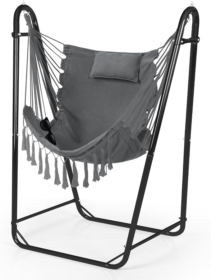 Hammock Chair with U Shape Stand, Cotton Swing Chair with Side Pocket, by AUTOKAKUM