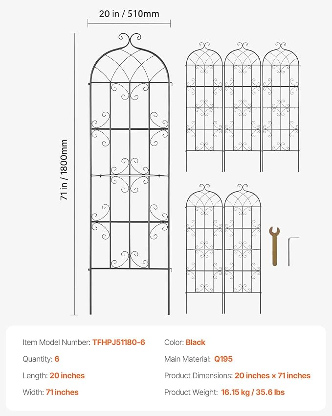 VEVOR Garden Trellis for Climbing Plants, 71 x 20 in, 6 Packs Rustproof Metal - Image 7