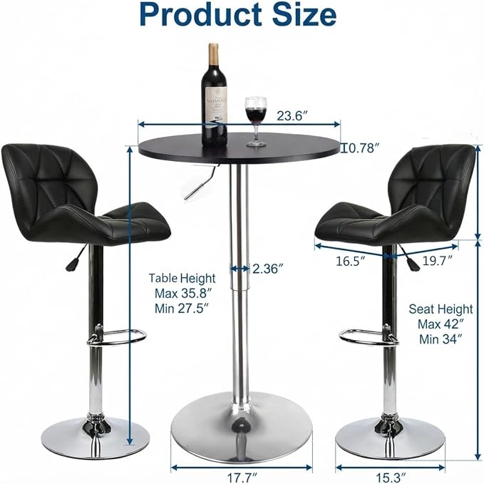ARTETHYS Bar Table and Chairs Set of 3 Black Heigh Adjustable Round Pub Desk - Image 2