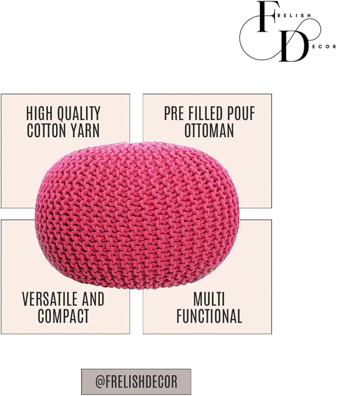 FRELISH DECOR Round Pouf Ottoman Hand Knitted 100% Cotton Pouf Foot Stool - Image 4