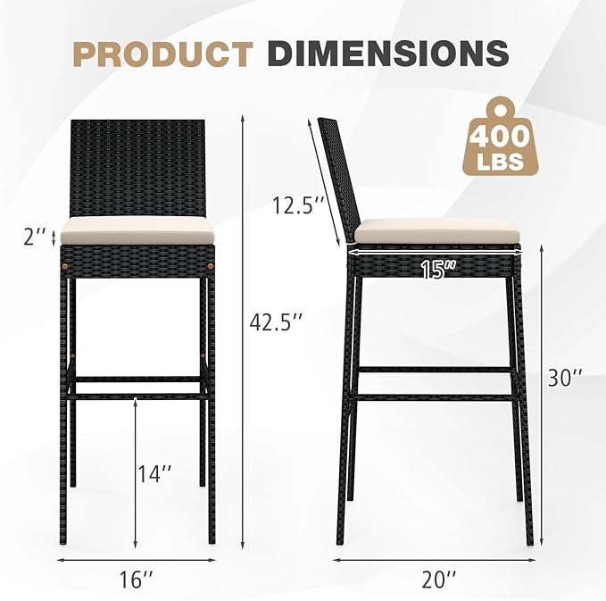 HAPPYGRILL Wicker Patio Barstools Set of 2, Outdoor Rattan Bar Chairs - Image 3