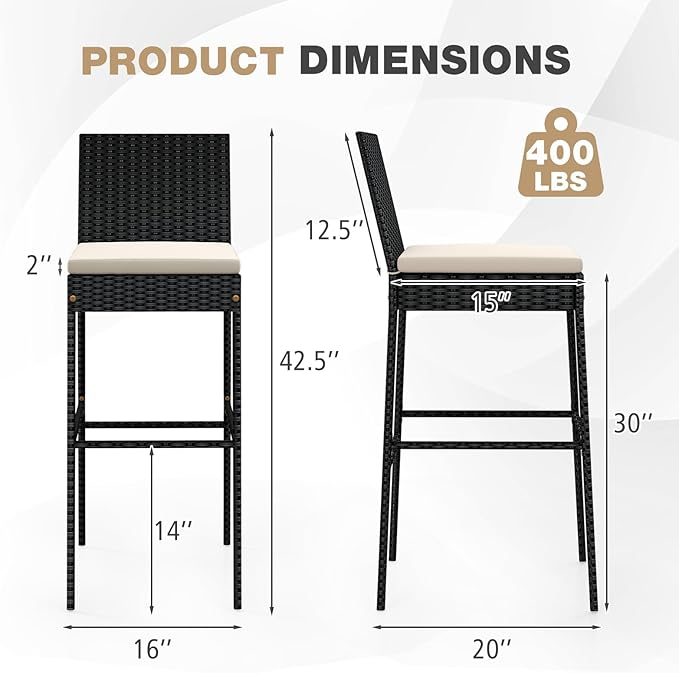 COSTWAY Outdoor Wicker Bar Stools Set of 2, Footrest and Backrest, Rattan - Image 3