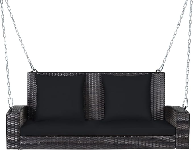 RELAX4LIFE Porch Swing 2-Seat Patio Rattan, Wicker Porch Swings Outdoor W/Two by RELAX4LIFE