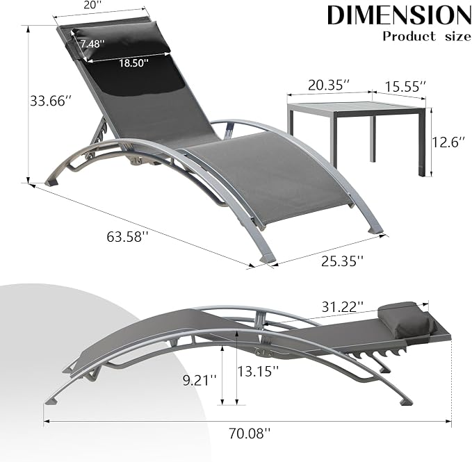 Domi Pool Lounge Chairs Set of 3, Adjustable Aluminum Outdoor Chaise Lounge - Image 2