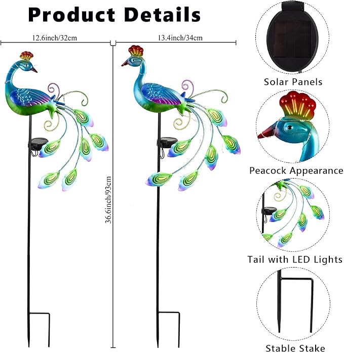 DREAMSOUL 2 Pack Metal Peacock Solar Lights Outdoor Waterproof LED Solar Lights - Image 2