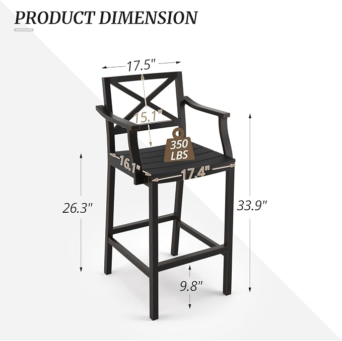 Outdoor Bar Stools Set of 2, 26 Inch Black HDPS Top and Bronze Leg Patio - Image 3