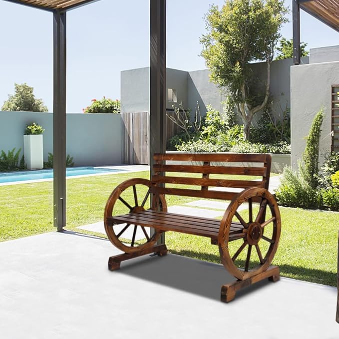 Outvita Wooden Garden Bench, Outdoor Rustic Wagon Wheel Bench - Image 2