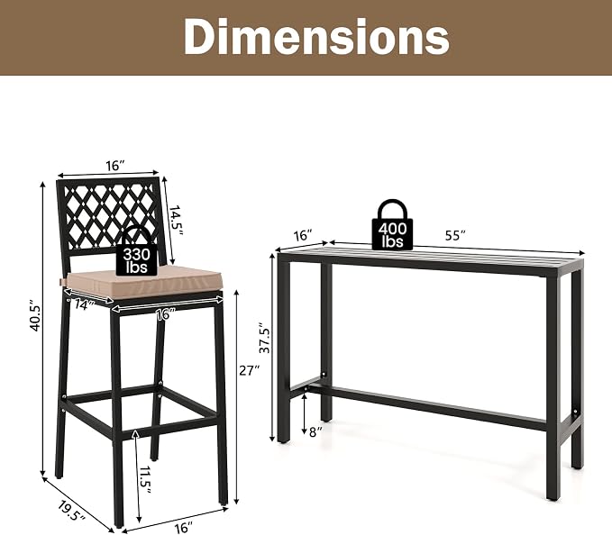COSTWAY 3 Piece Outdoor Bar Table and Chairs Set, Metal Patio Bar Table Set - Image 4
