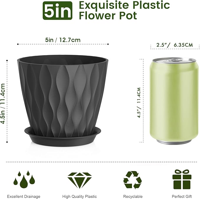 5 inch Plant Pots for Indoor Outdoor Plants, 6 Pack Thick Nursery Pots - Image 2