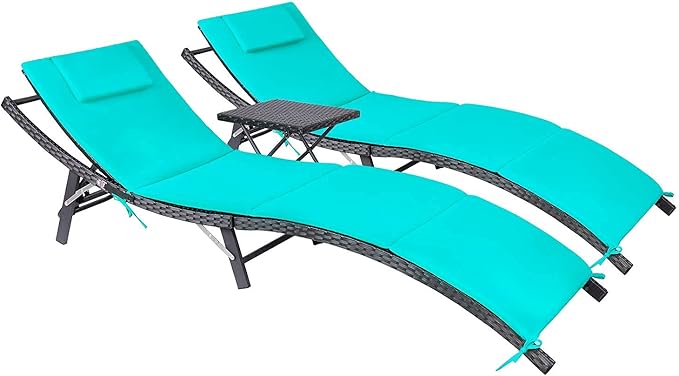 Devoko Patio Chaise Lounge Sets Outdoor Rattan Adjustable Back 3 Pieces by DEVOKO
