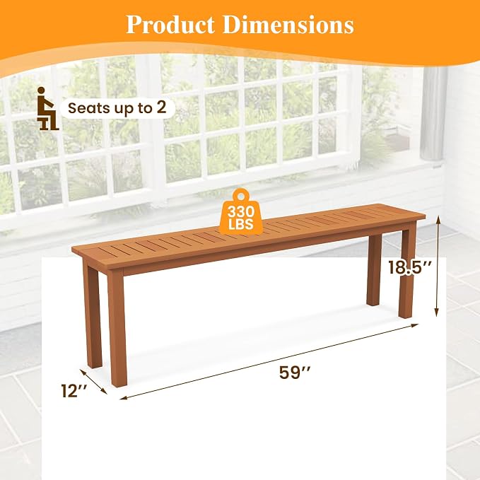 Tangkula Outdoor Wood Bench, 59” Long Patio Dining Bench, Backless Wooden Bench - Image 3