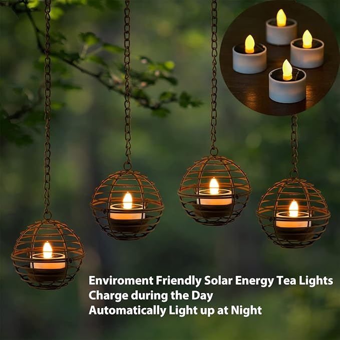 Solar Hanging Lanterns Outdoor Waterproof, Rust Iron Ball Candle Holder - Image 4