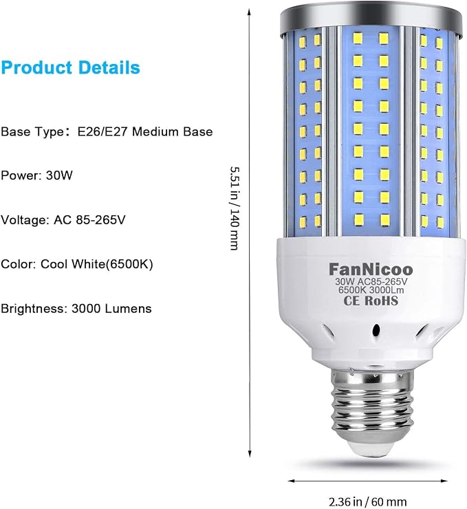 2-Pack 200W Equivalent LED Corn Light Bulb 3000 Lumen 6500K Cool White Daylight - Image 2