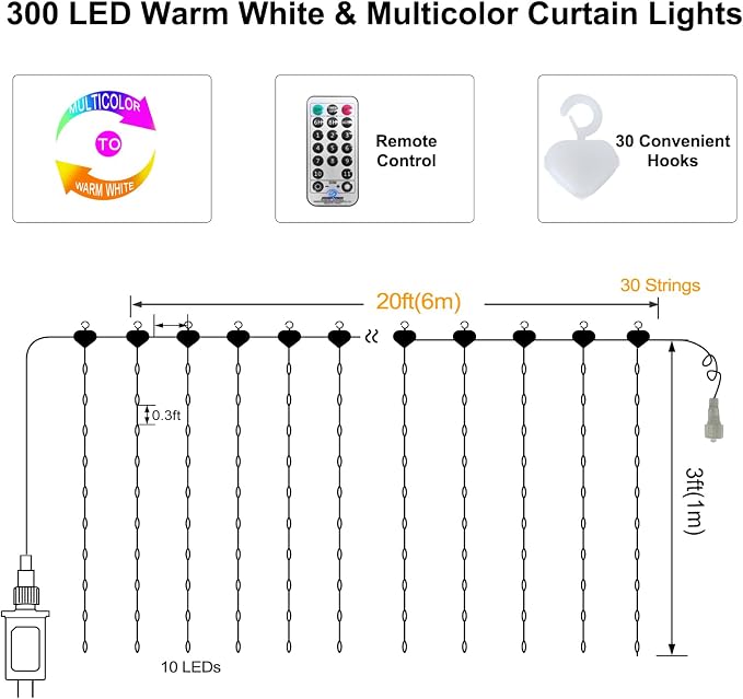 ZAIYW Curtain Lights Outdoor 20Ft×3Ft, 300 LED Color Changing Fence String - Image 4