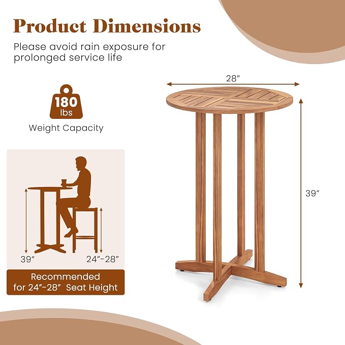 Tangkula Outdoor Acacia Wood Bar Table, High Top Bistro Dining Table, Pub - Image 3