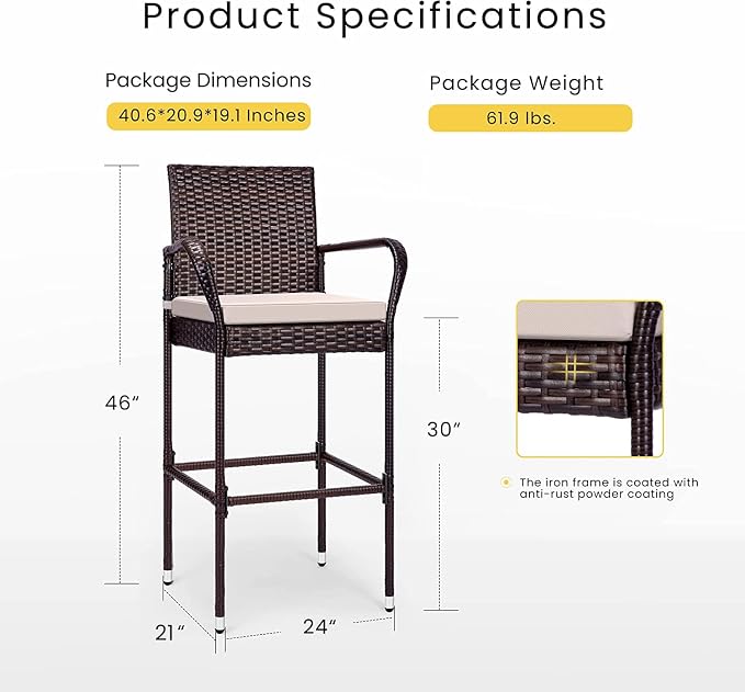 VIVOHOME 4 Packs Outdoor Wicker Barstool Patio Rattan Furniture - Image 2