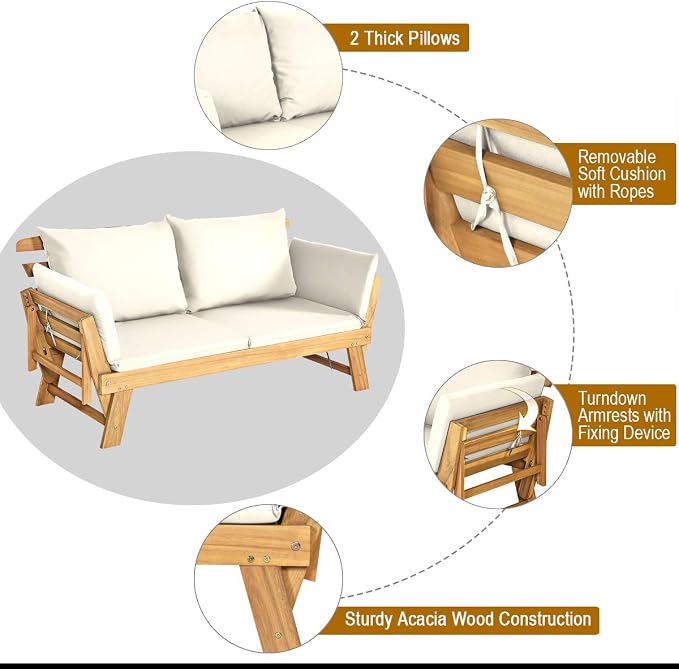 Tangkula Convertible Acacia Wood Patio Couch Sofa Bed - Image 7